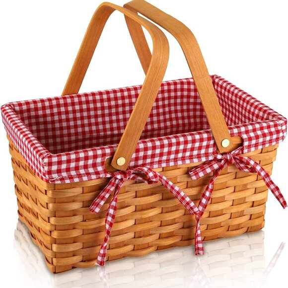 Other - Picnic Basket, Natural Woven Basket with Double Folding Handles, Woodchip Basket